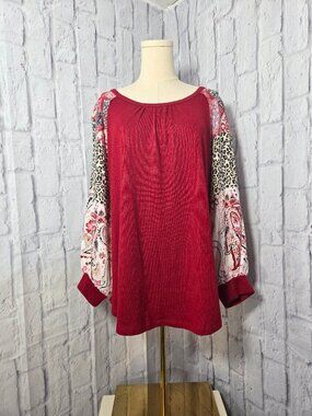Cato Extra Large Red Balloon Sleeve Animal Print Patchwork Paisley Knit Blouse